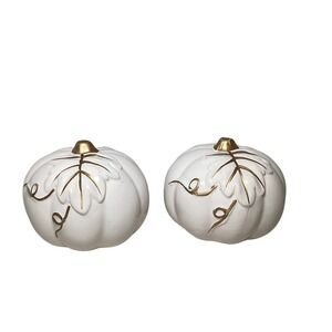 White Ceramic Pumpkin Salt Pepper Shakers Set Gold Leaf Design Kitchen Decor
